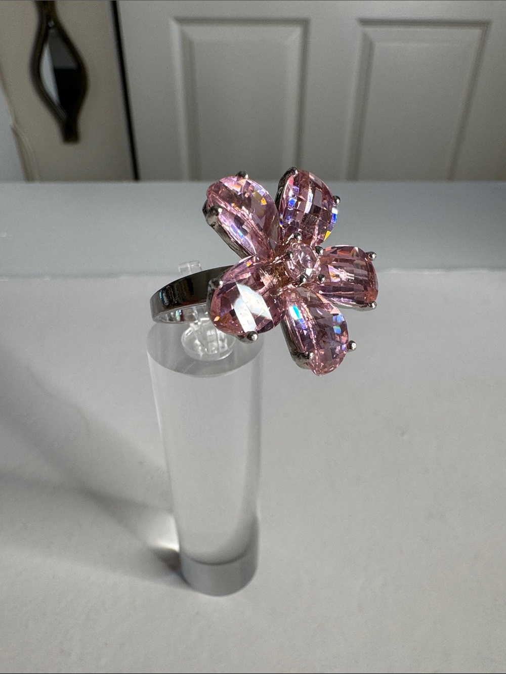 Sparkling Pink Floral Statement Ring — Silver Tone